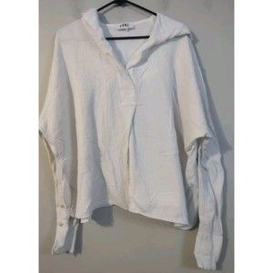 P.Cill Top Gauzy hooded Oversized shirt Size: Large Long Sleeve White Lightweigh